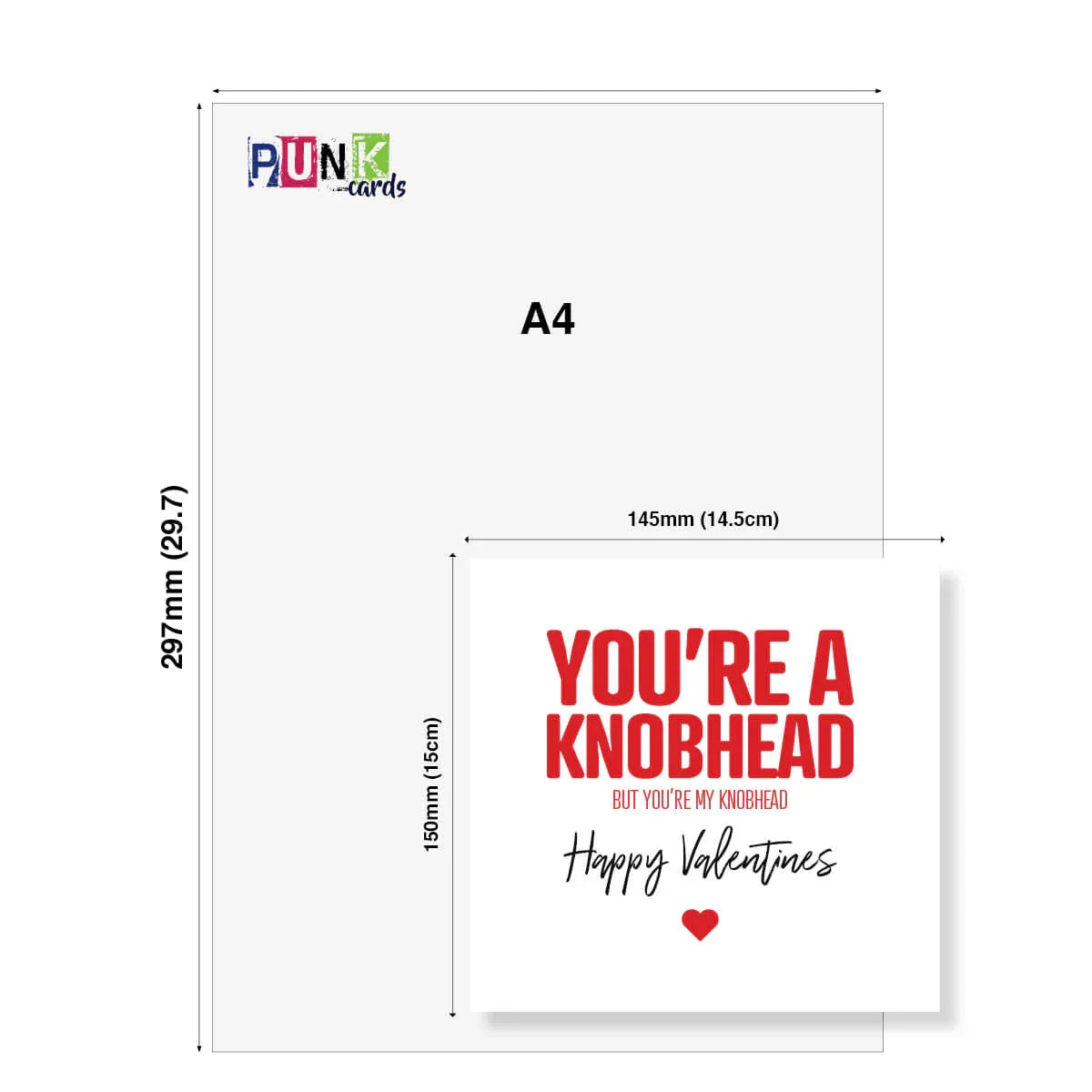 Funny Valentine's Day card with red and black text, heart graphic, shown next to A4 size chart.