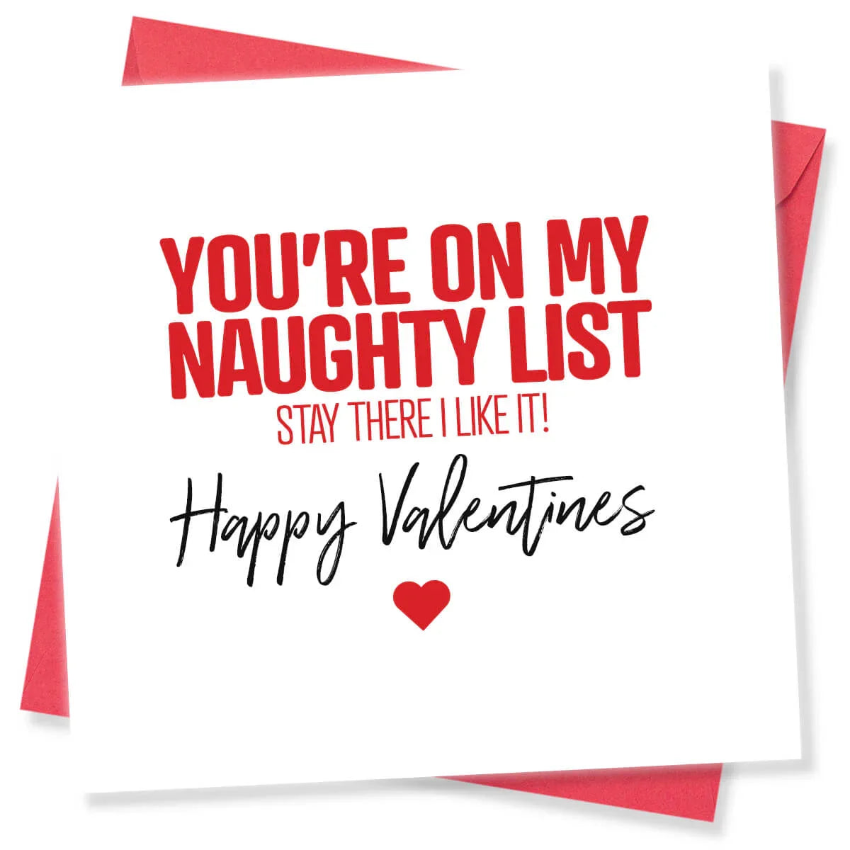 Funny Valentine's Day card with red and black text, heart icon, and red envelope