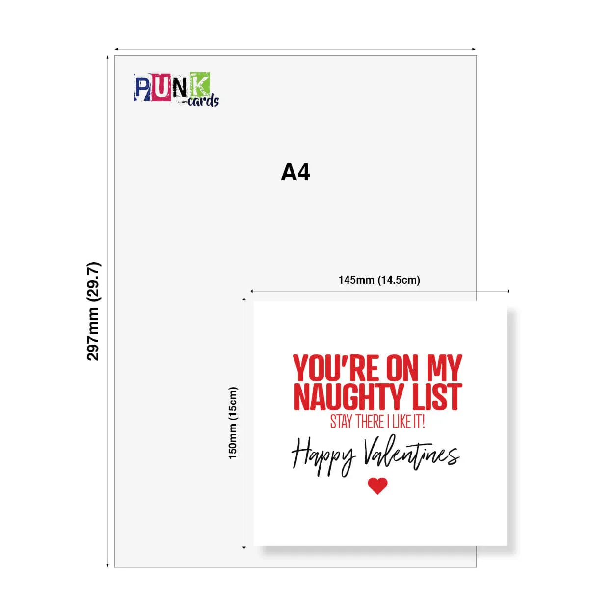 Funny Valentine's Day card with red and black text, cheeky message, and card size comparison.