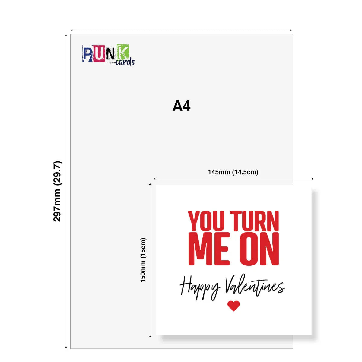Funny Valentine’s Day card with red text 'You turn me on' and 'Happy Valentines' below, card size shown.