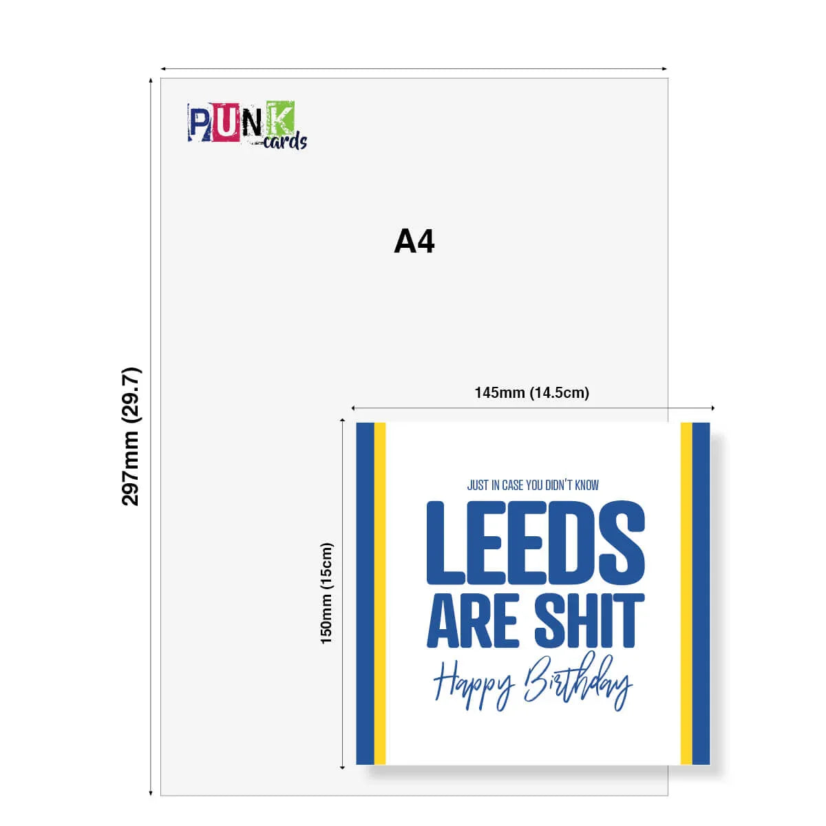 Funny Leeds United birthday card with bold blue text, yellow accents, and size comparison to A4 sheet.