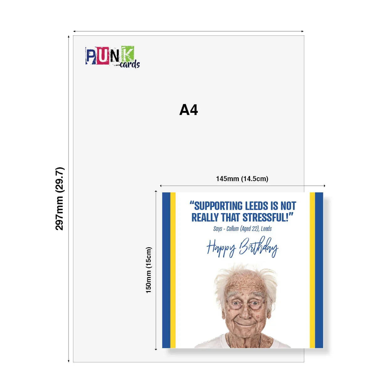 Funny Leeds United birthday card with elderly man, blue and yellow stripes, greeting message