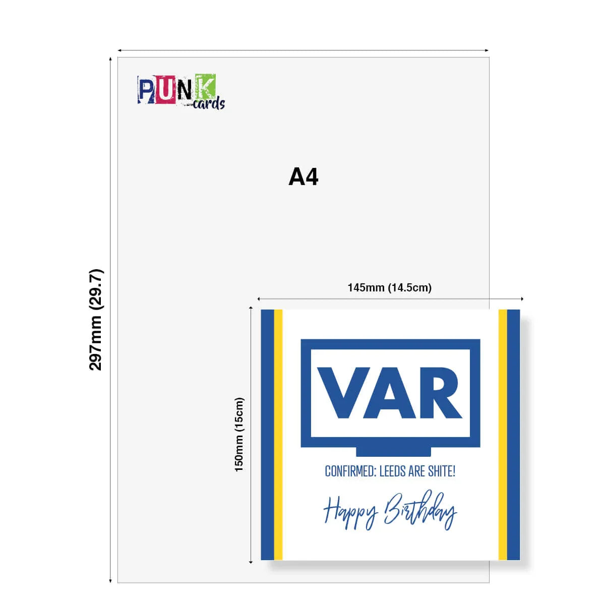 Funny Leeds United birthday card with VAR design, bold blue and yellow stripes, humorous football theme.