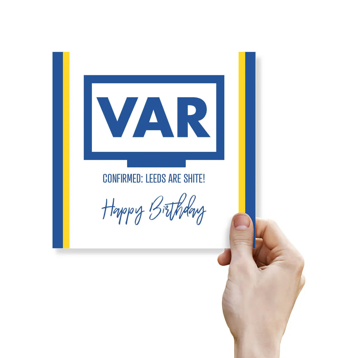 Funny football VAR birthday card with blue and yellow stripes, hand holding card.