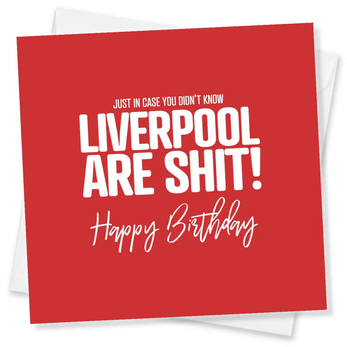 Funny red birthday card with bold white text mocking Liverpool, cheeky greeting card design