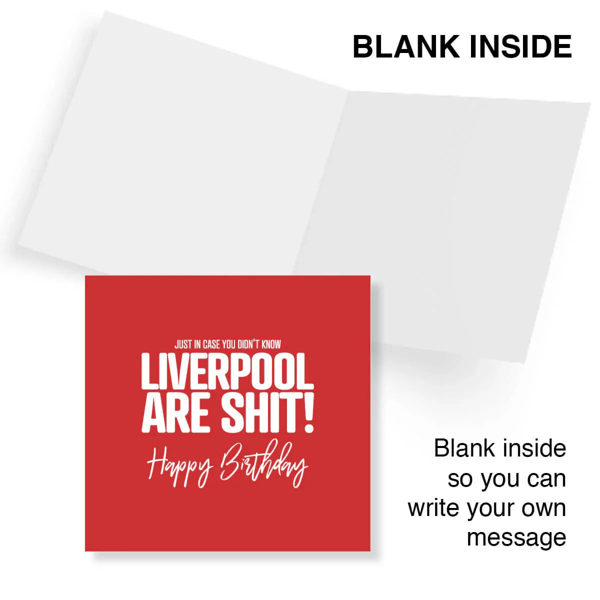 Funny rude Liverpool birthday card with bold white text on red, blank inside for message