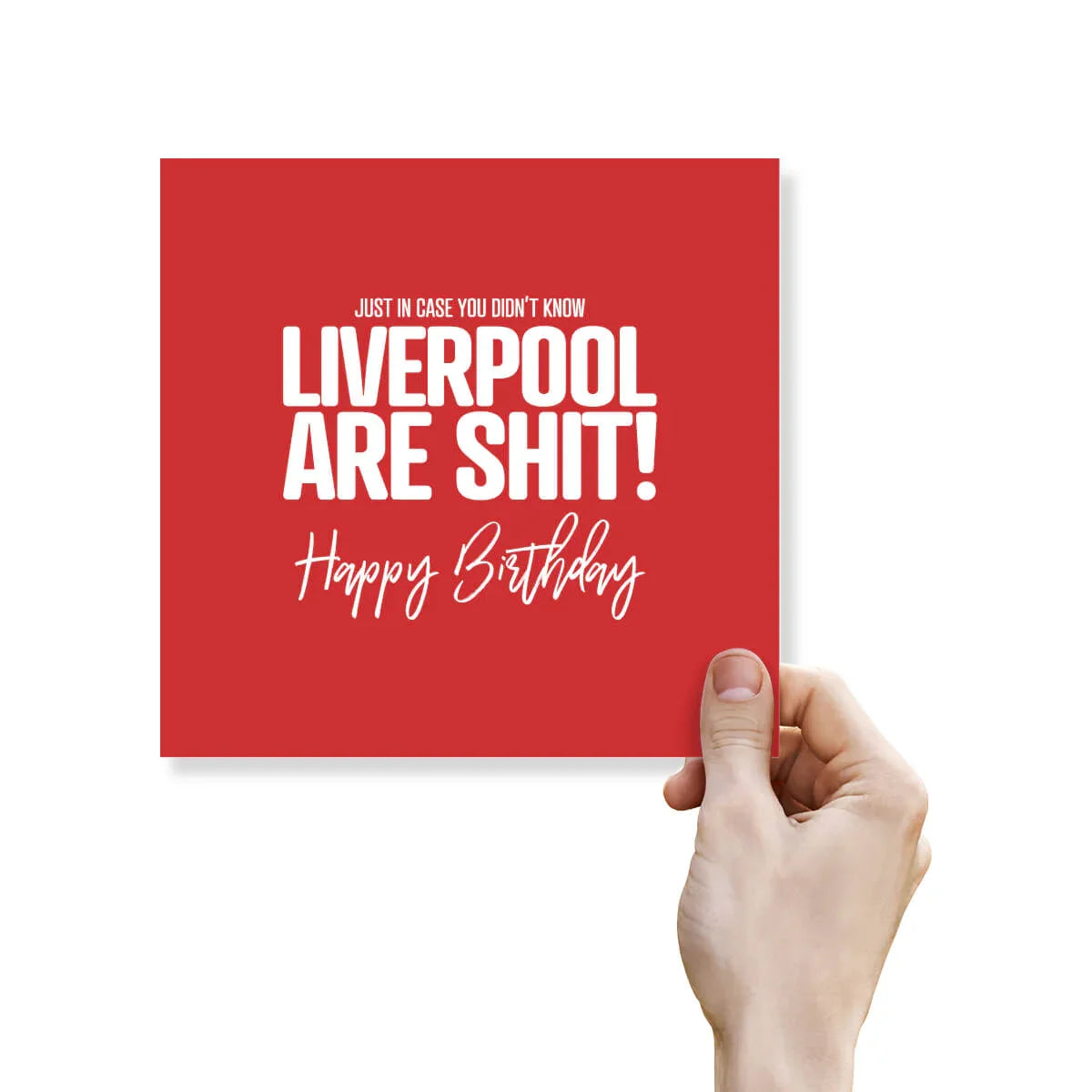 Funny rude Liverpool birthday card with bold white text on red, held by a hand
