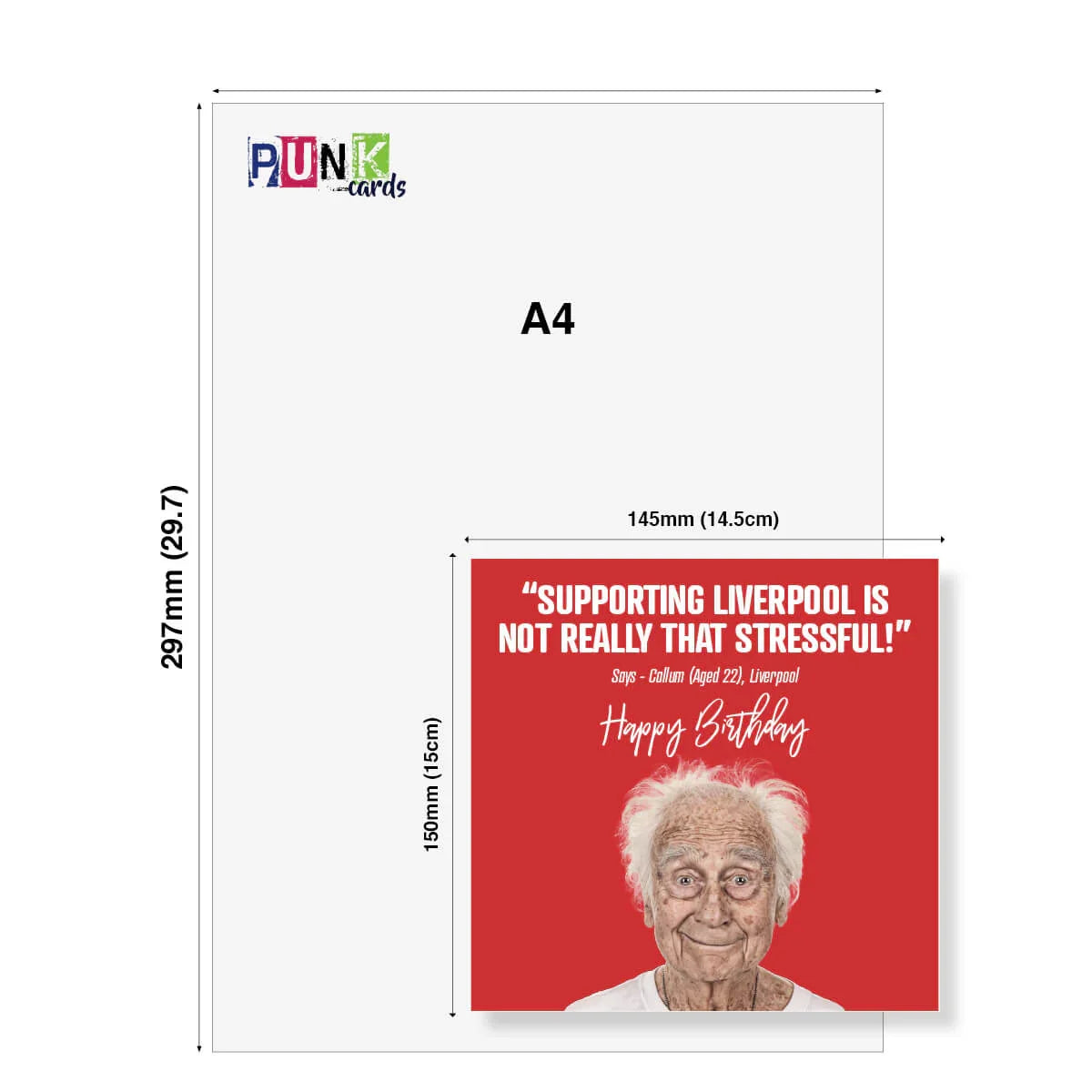 Funny Liverpool birthday card with elderly man on red background, size comparison to A4 sheet.