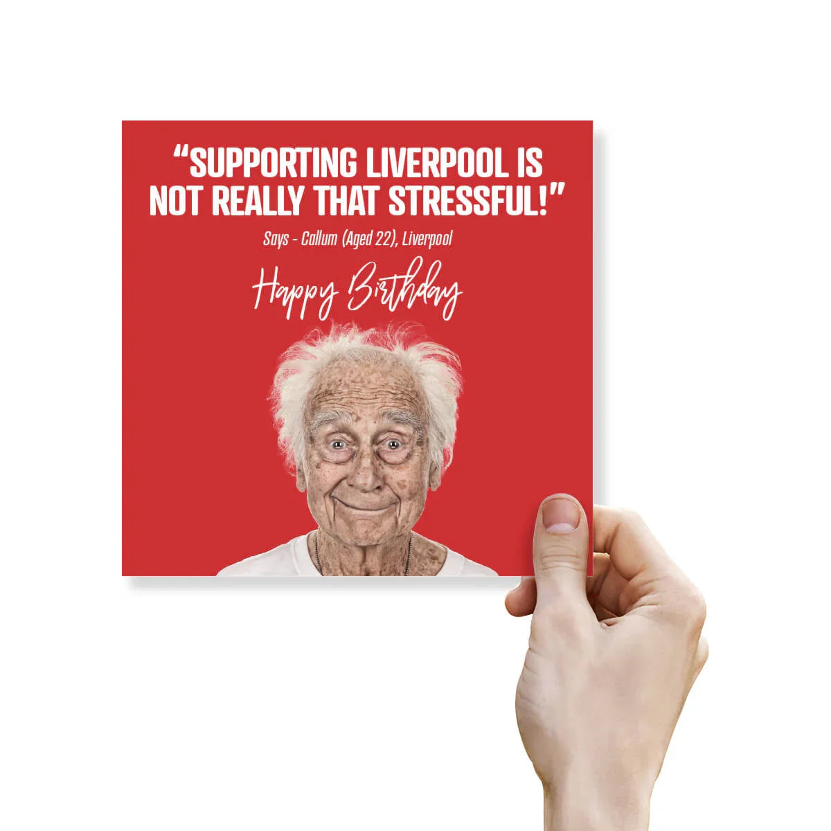 Funny Liverpool birthday card with old man and humorous quote on red background, held by hand.