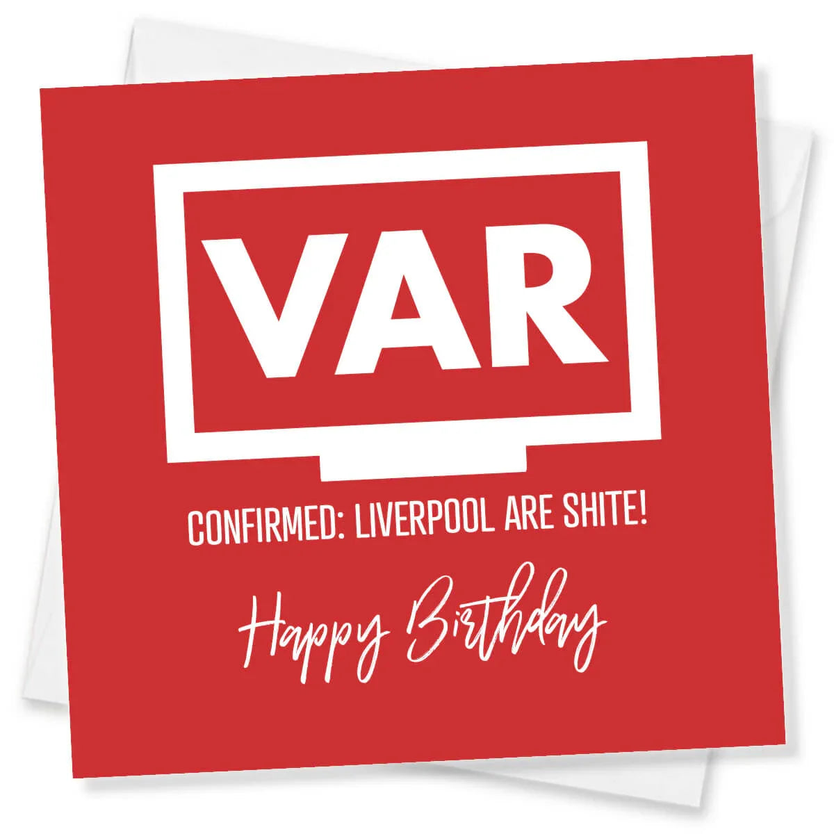 Funny red Liverpool VAR birthday card with cheeky football message and white text