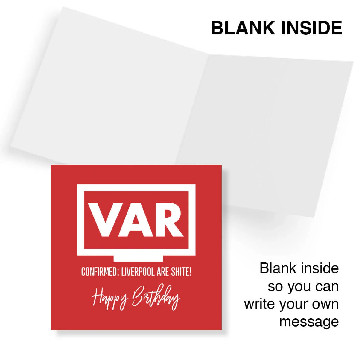 Funny rude Liverpool VAR birthday card with red cover and blank inside for custom message.