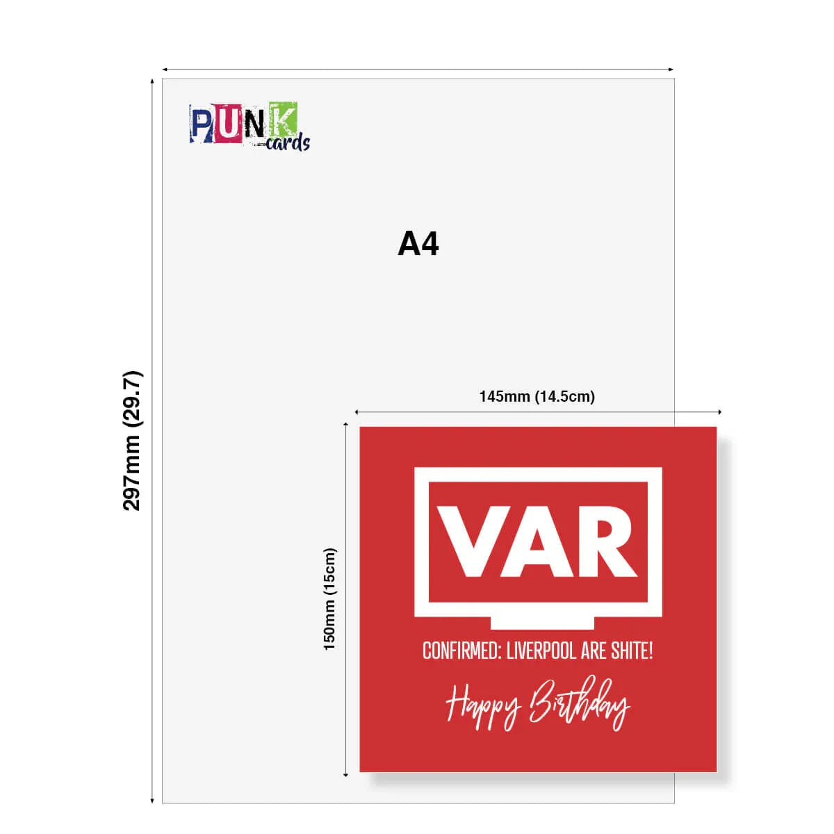 Funny red football birthday card with VAR theme and cheeky message, 15x14.5cm size