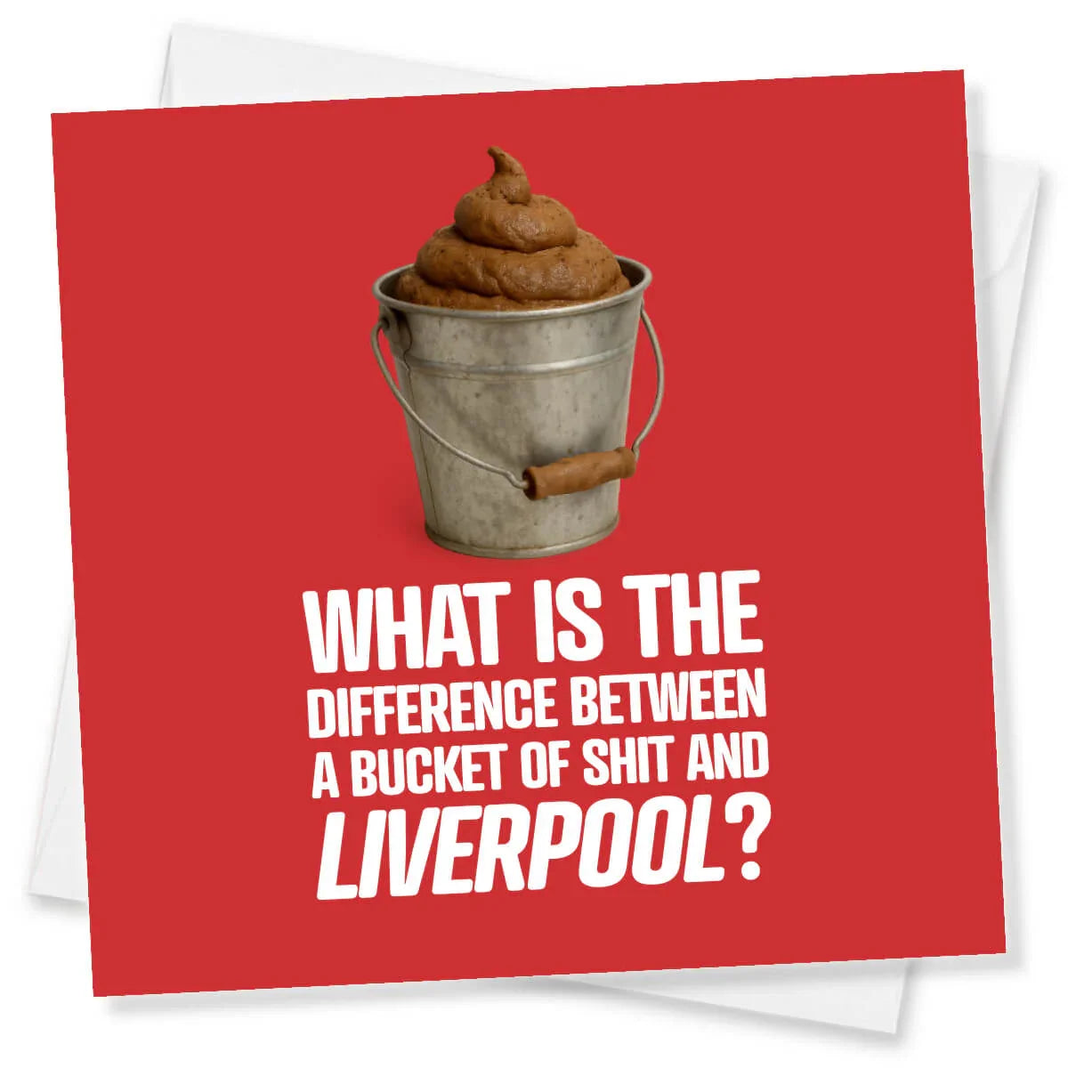 Funny rude birthday card with a cartoon bucket and playful insult on a red background.