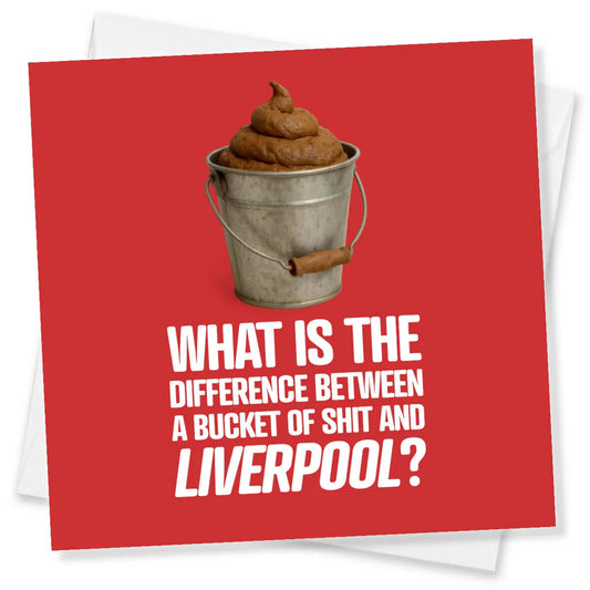 Funny rude birthday card with a cartoon bucket and playful insult on a red background.