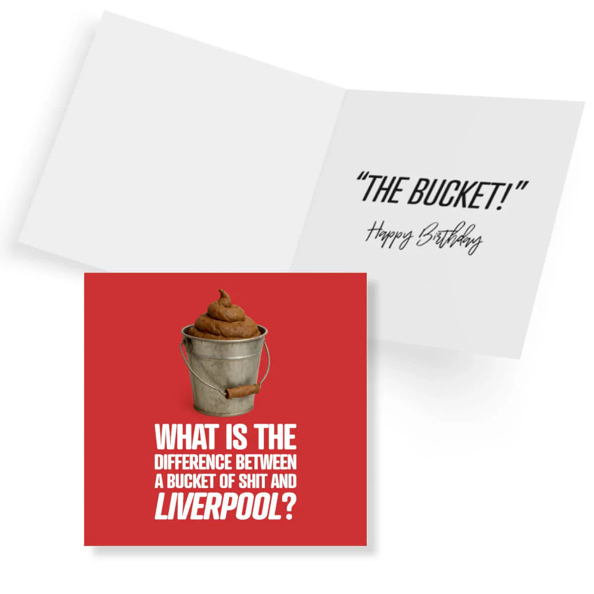 Funny rude birthday card with a bucket on red background and cheeky football joke text.