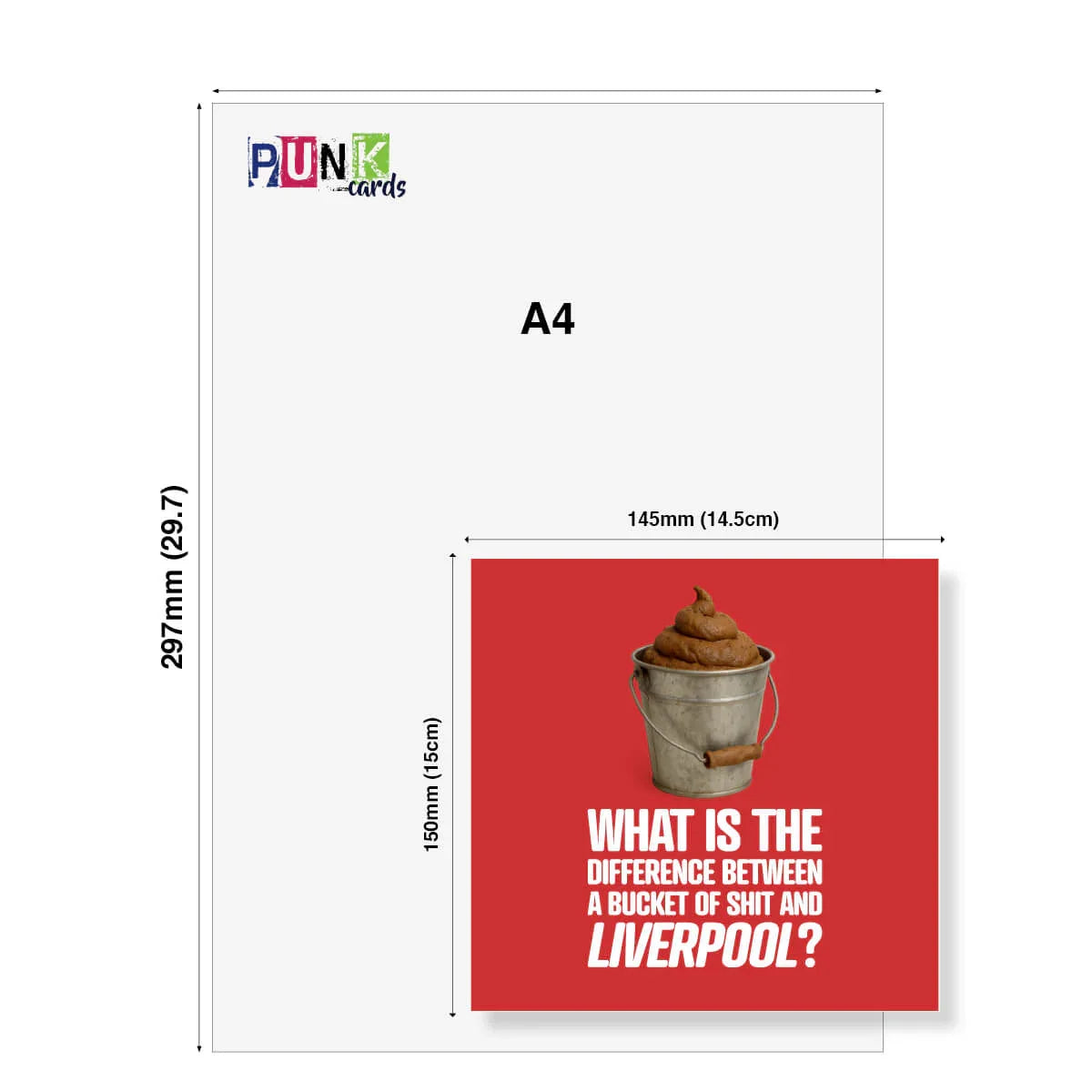Funny rude Liverpool birthday card with a bucket illustration and bold white text on red background, card size comparison with A4.