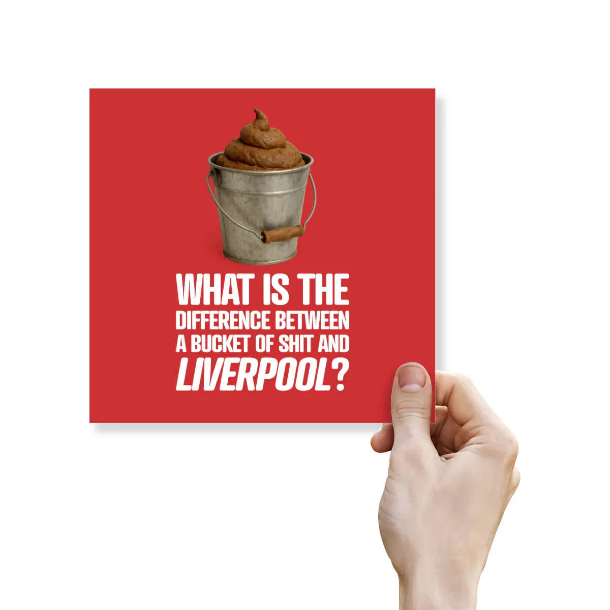Funny rude Liverpool birthday card with a poop bucket joke, bold red background, held by hand