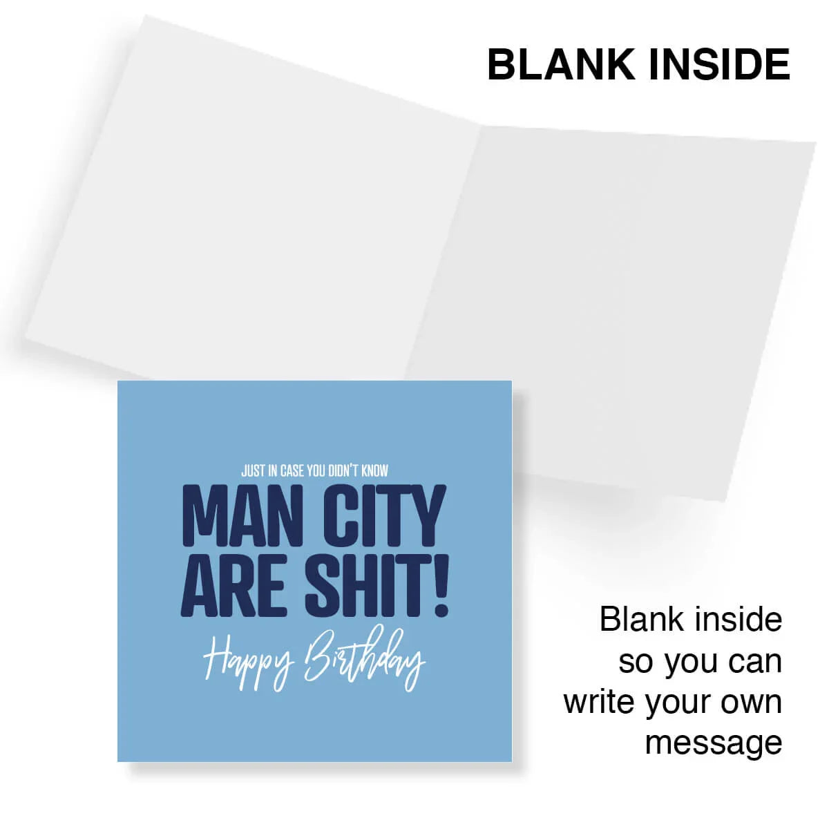 Funny blue birthday card with bold text mocking Manchester City, blank inside for message.