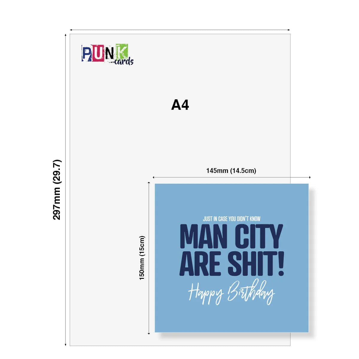 Funny blue birthday card with bold text and measurements, humorous football greeting