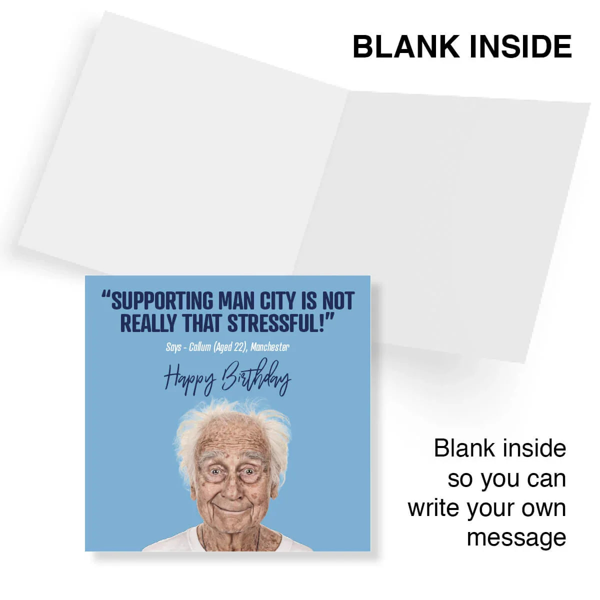 Funny Manchester City birthday card with elderly man and joke, blank inside for message