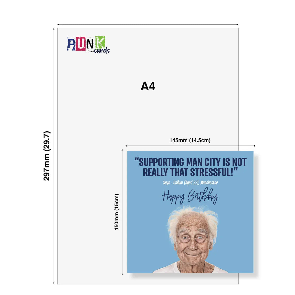 Funny Manchester City birthday card with elderly man, blue background, size comparison to A4