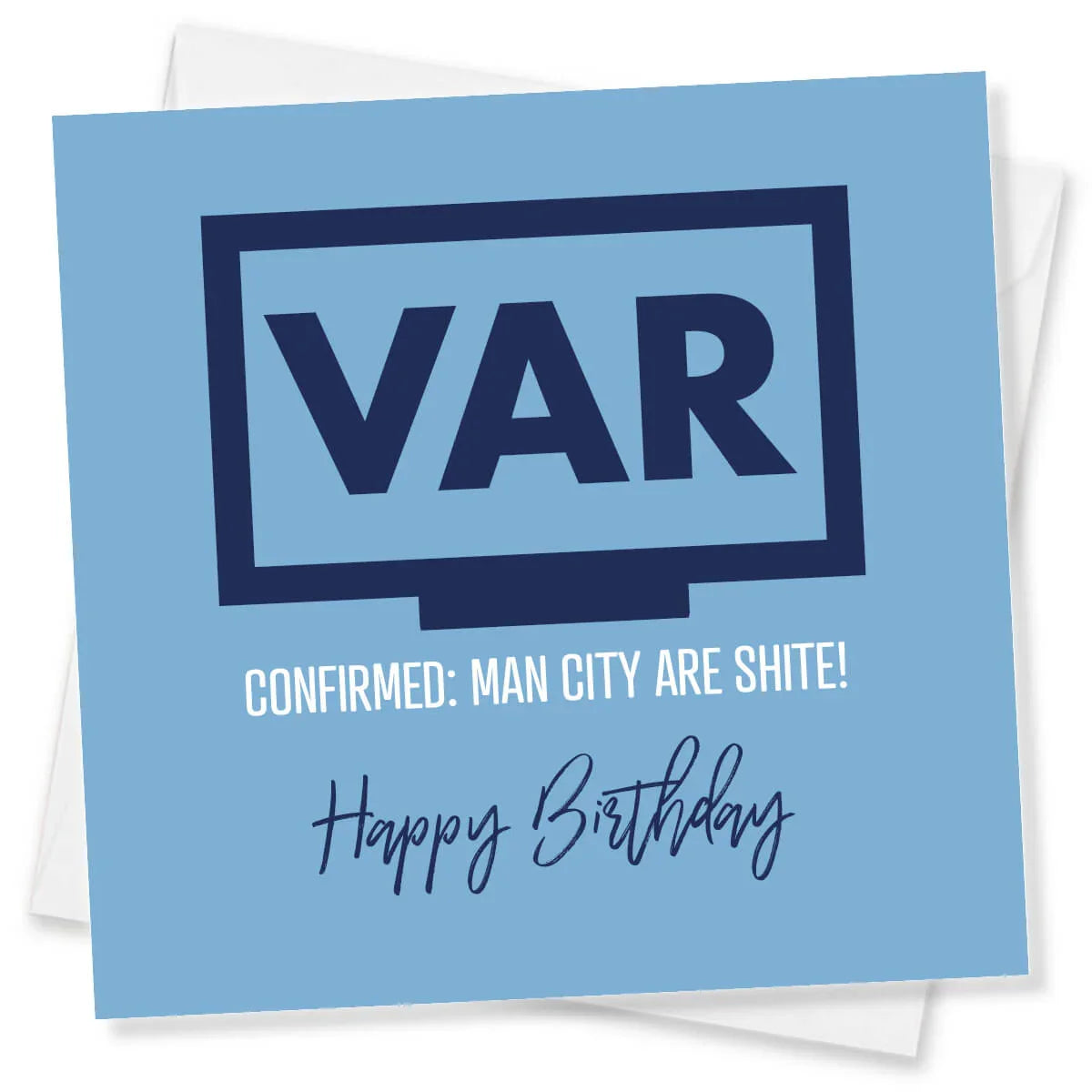 Funny blue football birthday card with VAR graphic, cheeky message, and 'Happy Birthday' text.