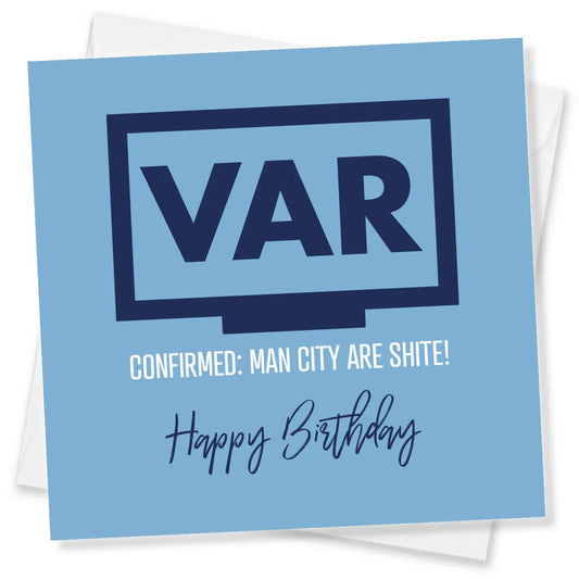 Funny blue football birthday card with VAR graphic, cheeky message, and 'Happy Birthday' text.