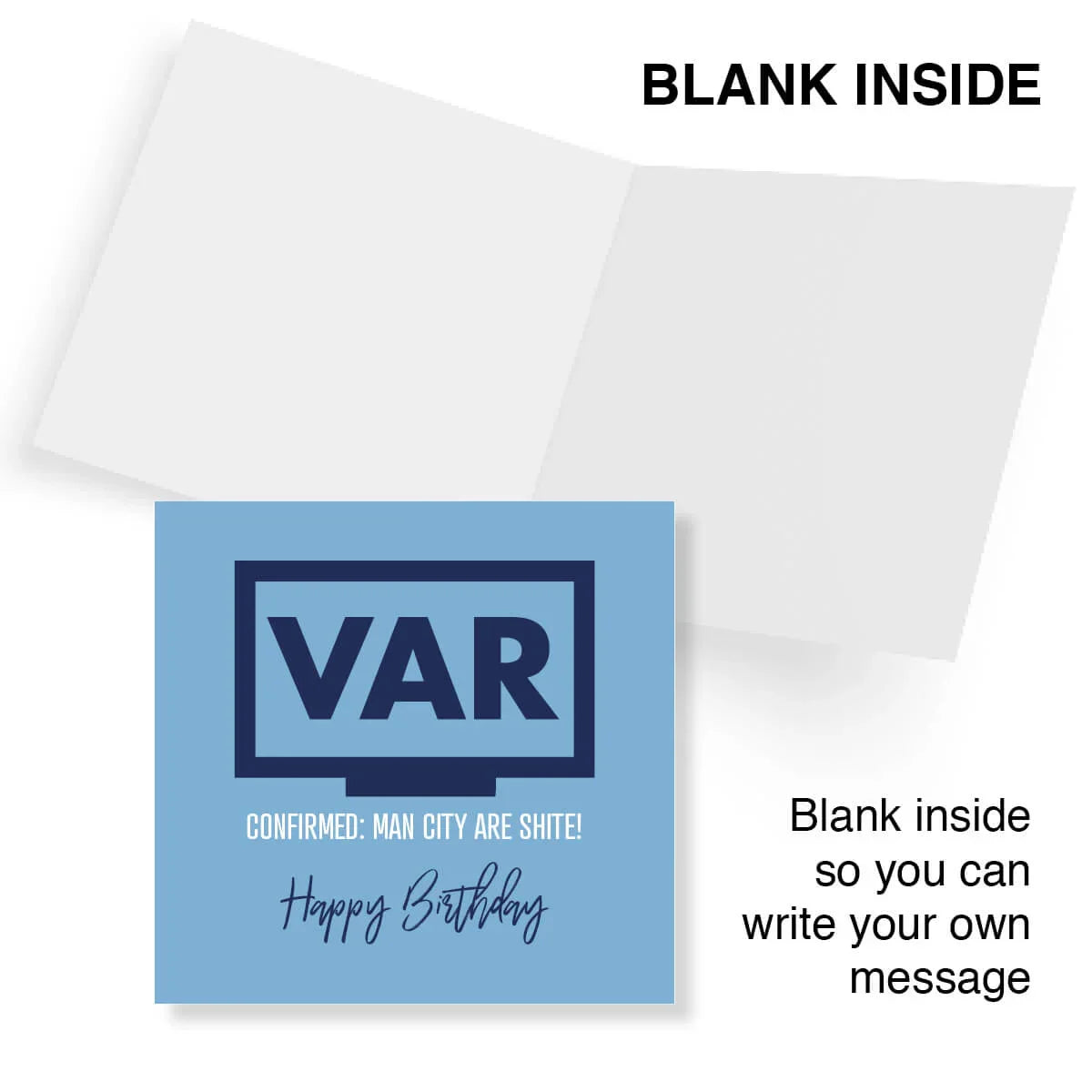 Funny Manchester City VAR themed birthday card, blue cover, blank inside for custom message.