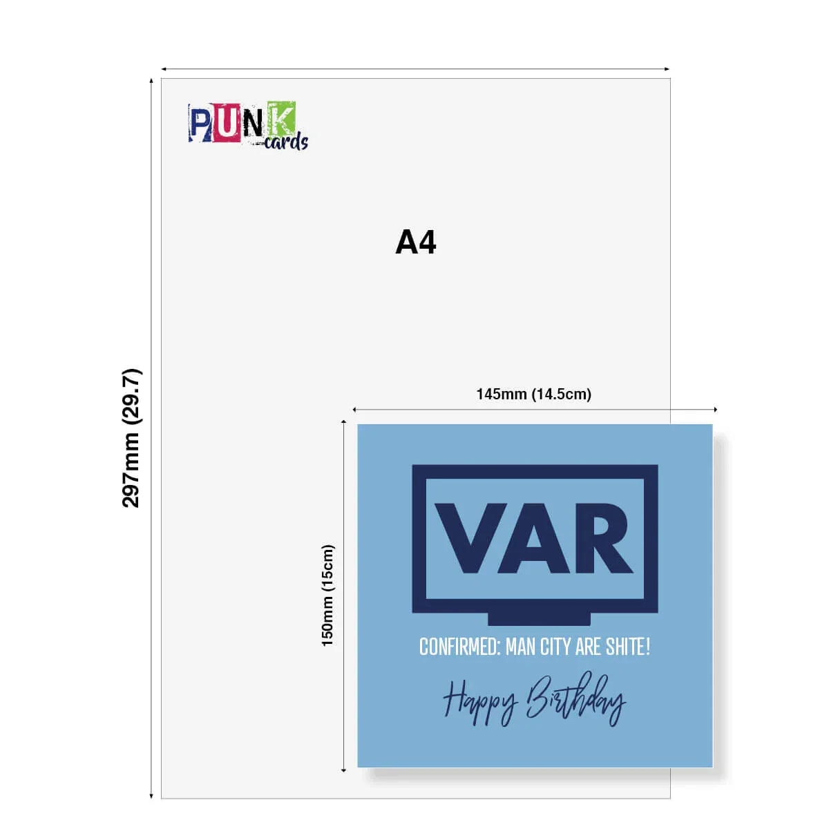 Funny blue VAR birthday card with football joke, A5 size, Manchester City theme