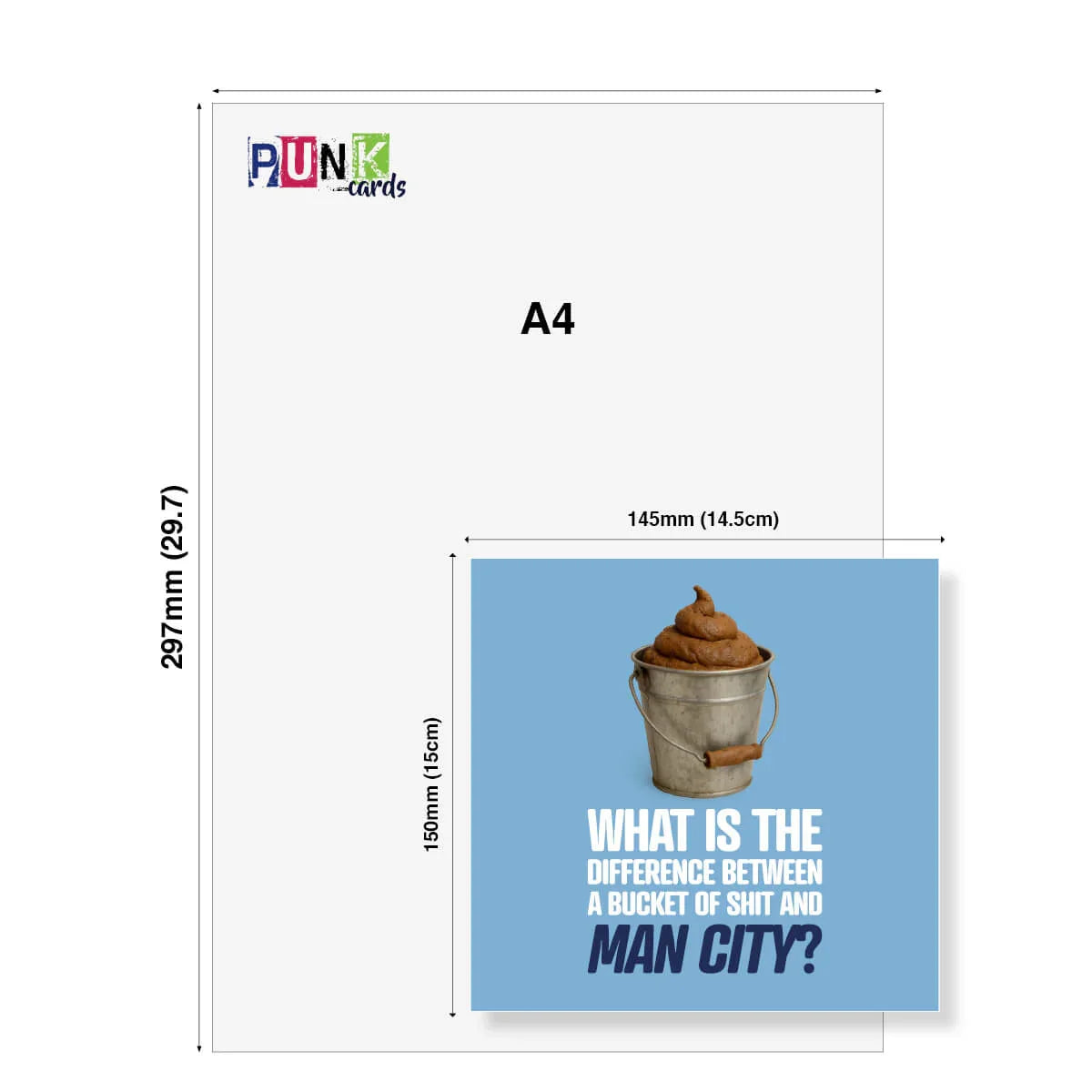 Funny rude Manchester City birthday card with bucket image, card size shown against A4 sheet