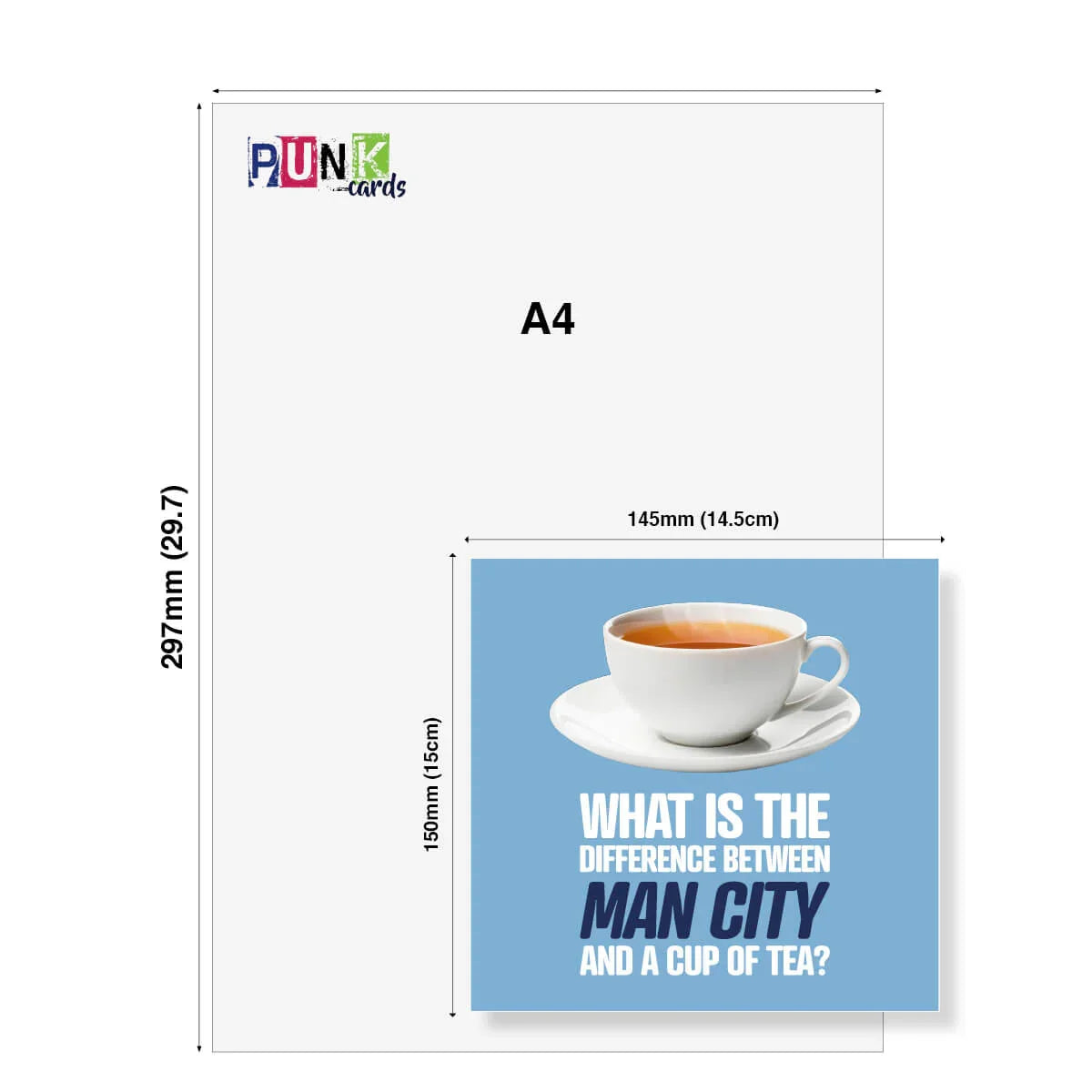 Funny Man City birthday card with tea cup, blue background, and size comparison to A4 paper.
