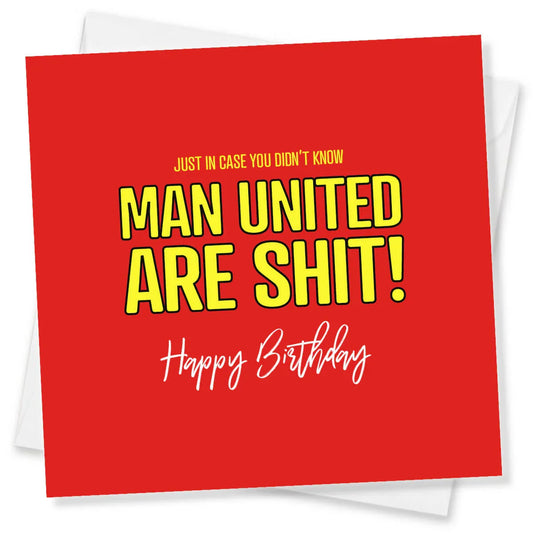 Funny rude Manchester United birthday card with bold yellow text on red background.