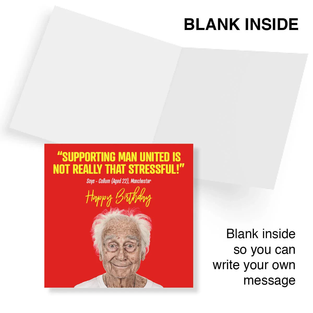 Funny Man United birthday card with old man, red background, blank inside for message