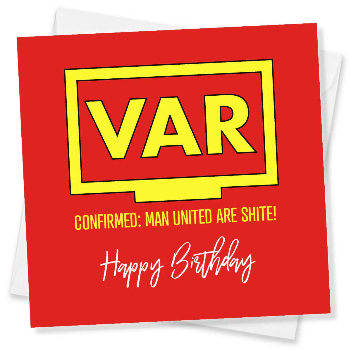 Funny Manchester United VAR themed birthday card with bold yellow and red design