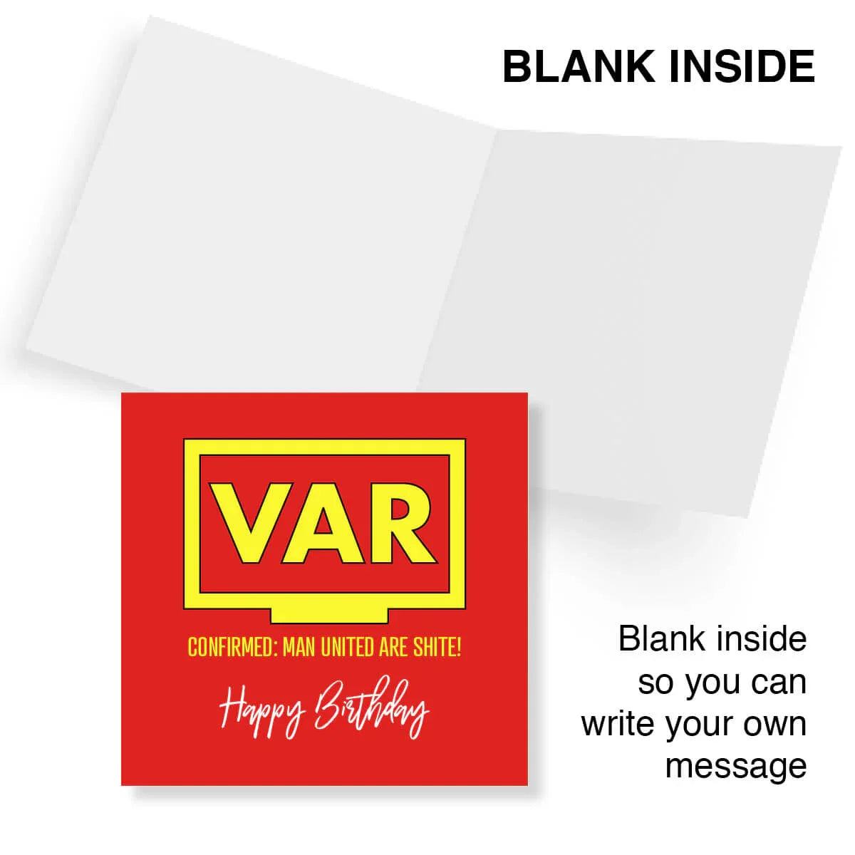 Funny Manchester United themed birthday card with bold red VAR design and blank inside.