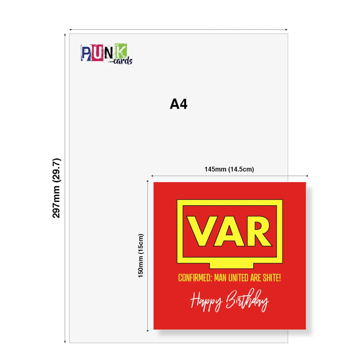 Funny VAR birthday card with red and yellow design, bold text and Manchester United joke