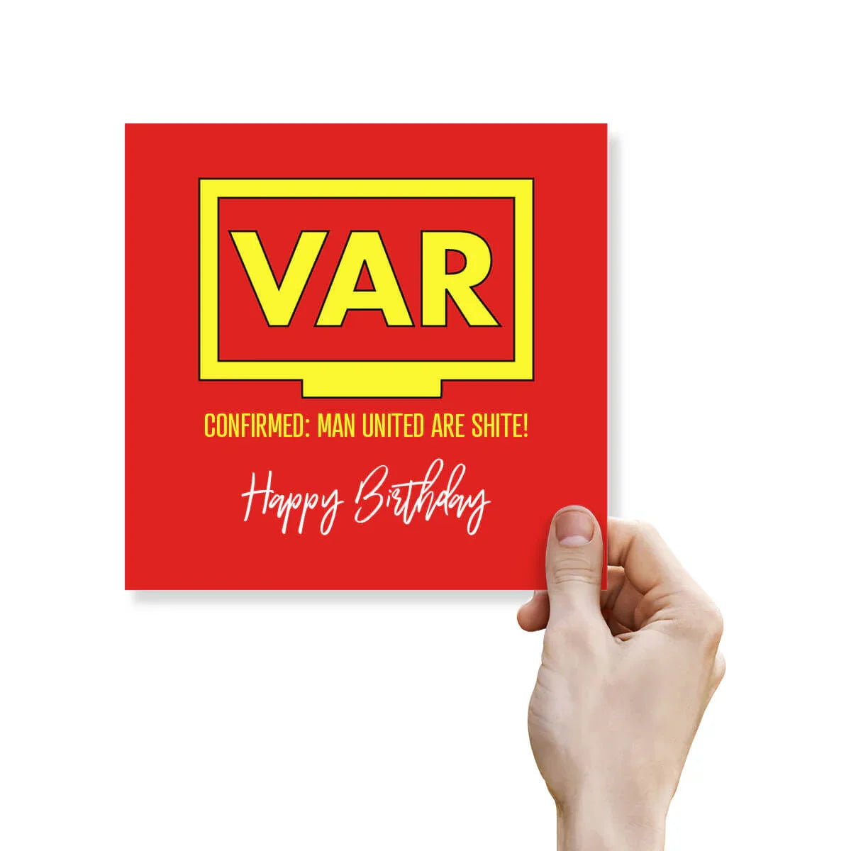 Funny red birthday card with bold yellow VAR sign and cheeky football message for Man United fans