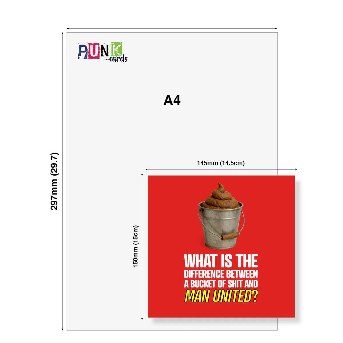 Funny rude Man United birthday card with bucket graphic and red background, shown at 150x145mm size.