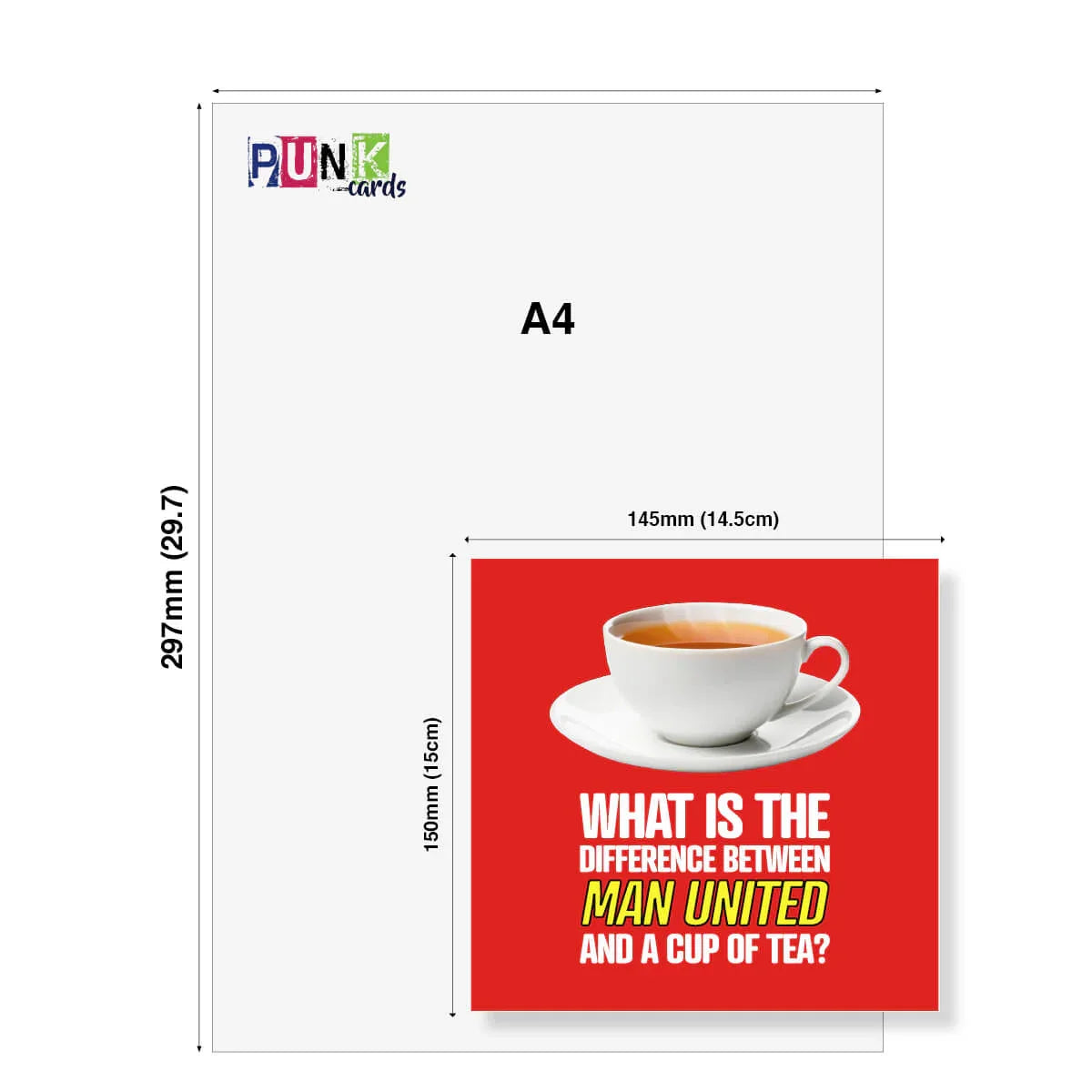 Funny Manchester United birthday card with tea joke, red background, card size comparison to A4 paper