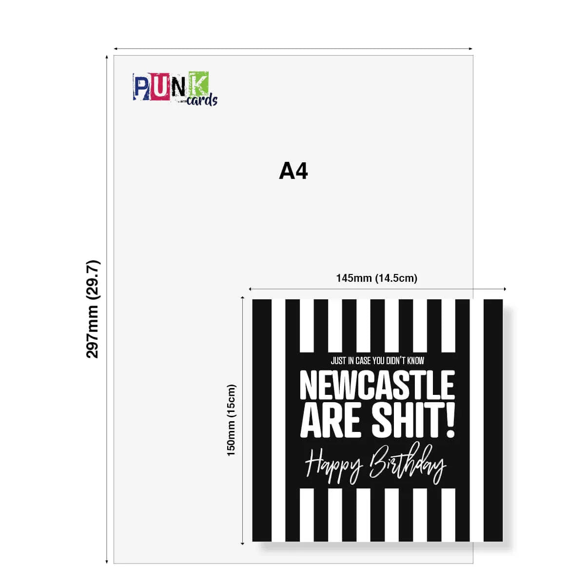 Funny Newcastle United birthday card with bold black and white stripes, cheeky message, size comparison to A4.