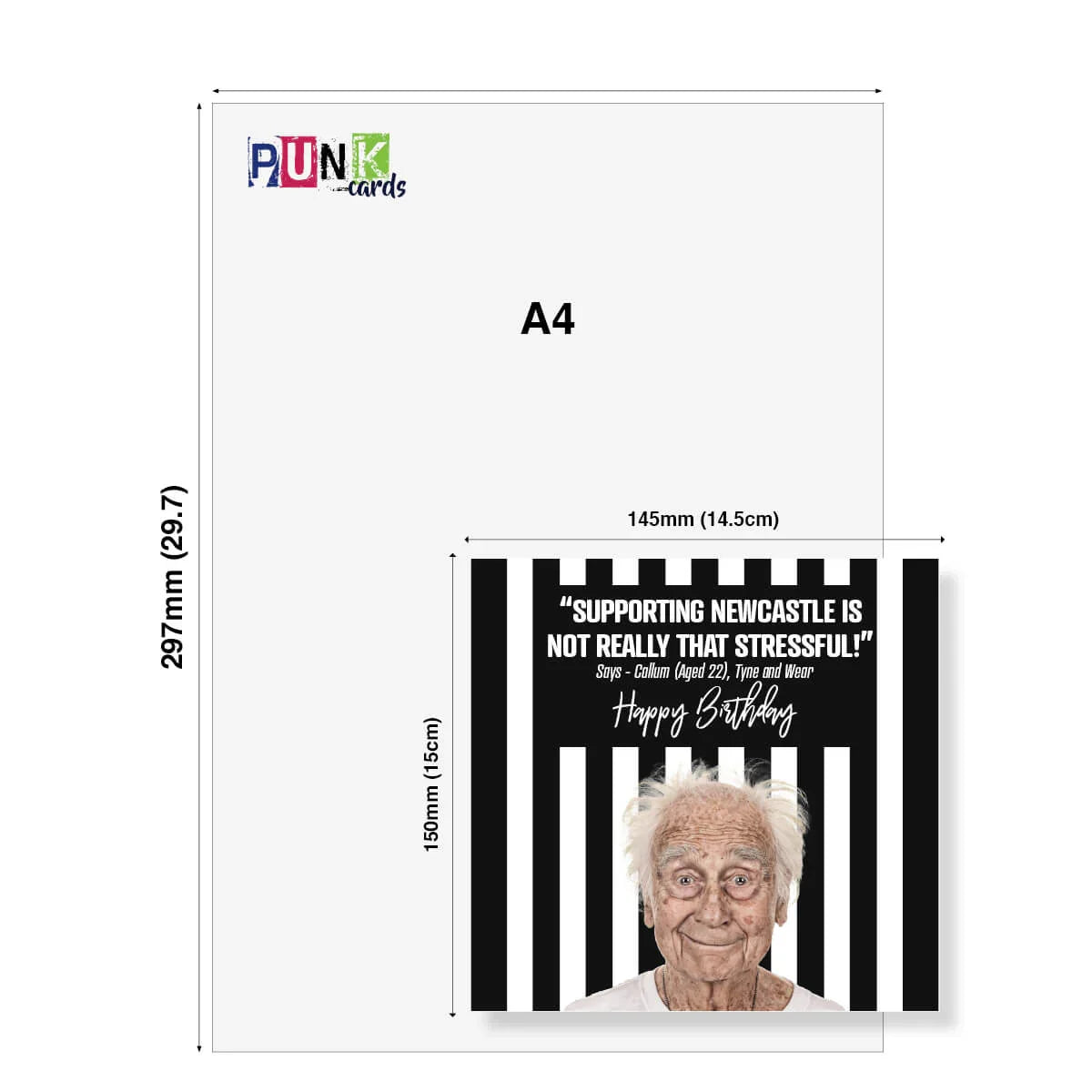 Funny Newcastle United birthday card with elderly man, black and white stripes, humorous message