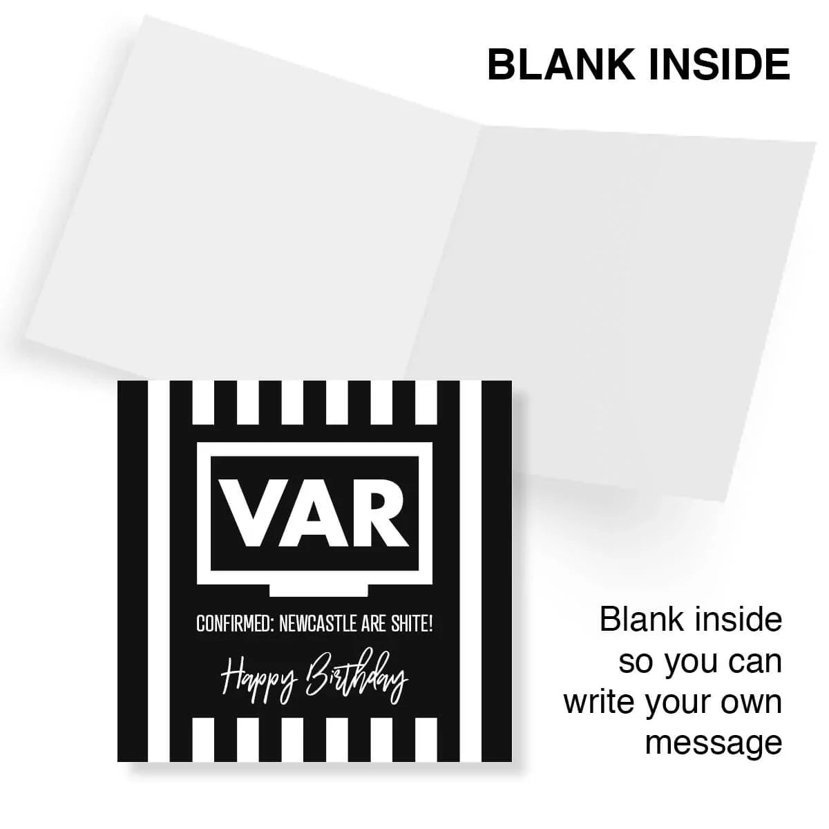 Funny VAR themed Newcastle United birthday card, black and white stripes, blank inside
