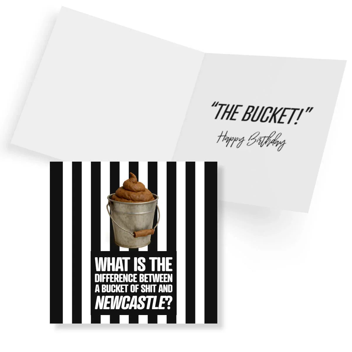 Funny rude Newcastle United birthday card with bucket illustration and cheeky joke.