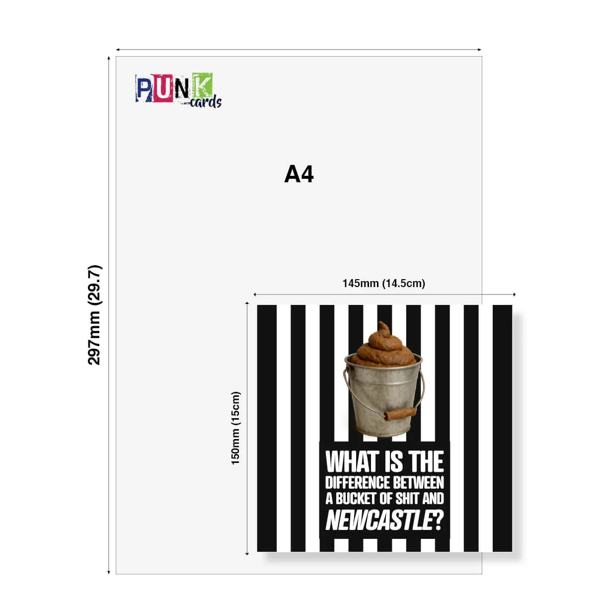 Funny rude Newcastle United birthday card with black and white stripes, bucket cartoon and joke text