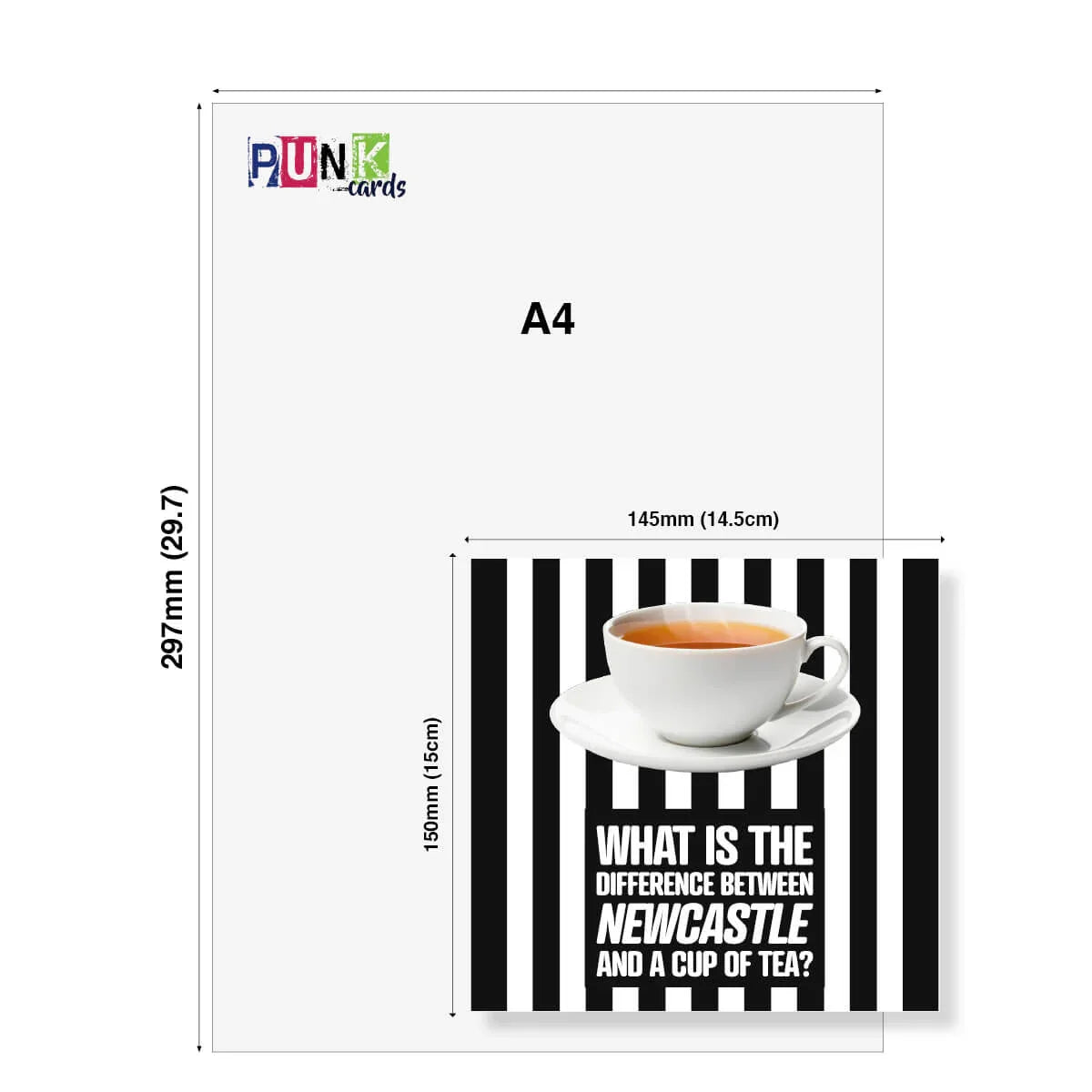 Funny Newcastle birthday card with black and white stripes, tea cup, joke text, and size guide