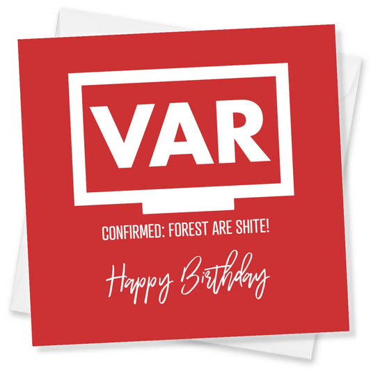 Funny red birthday card with VAR sign, humorous Nottingham Forest joke, and Happy Birthday text