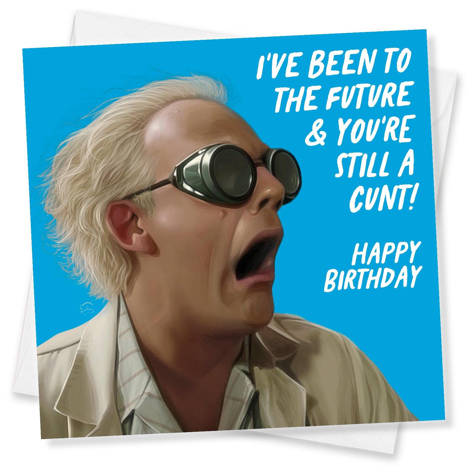 Birthday card with a character wearing goggles and text on a blue background
