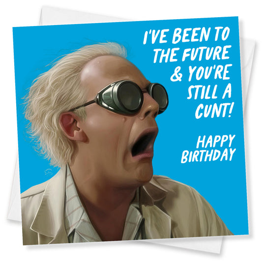 Birthday card with a character wearing goggles and text on a blue background