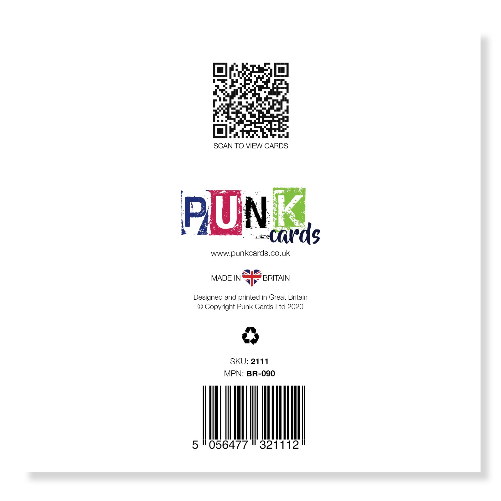 Back of a card with Punk Cards branding, QR code, and barcode on a white background