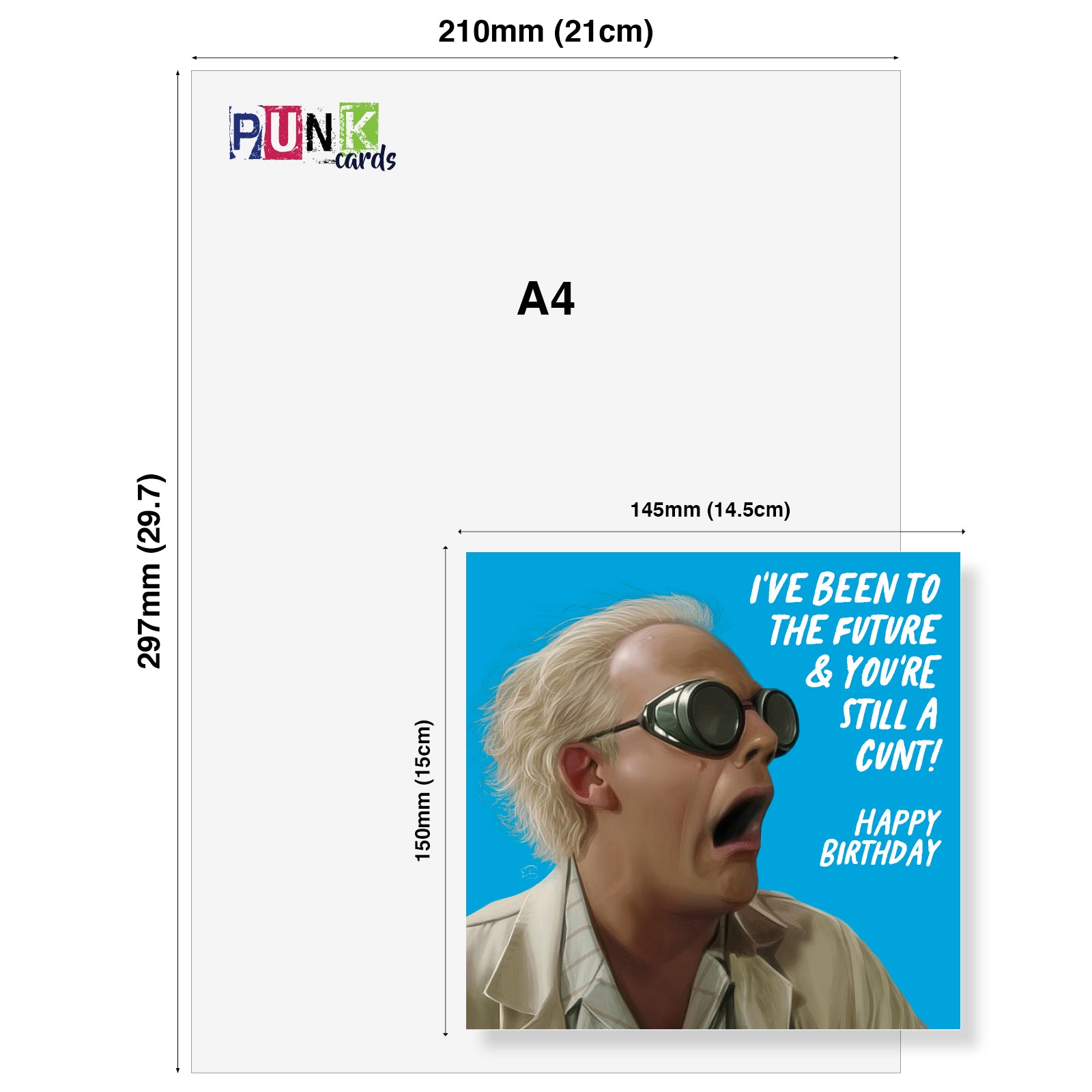 Greeting card with a character wearing sunglasses and text, displayed with A4 and smaller dimensions.